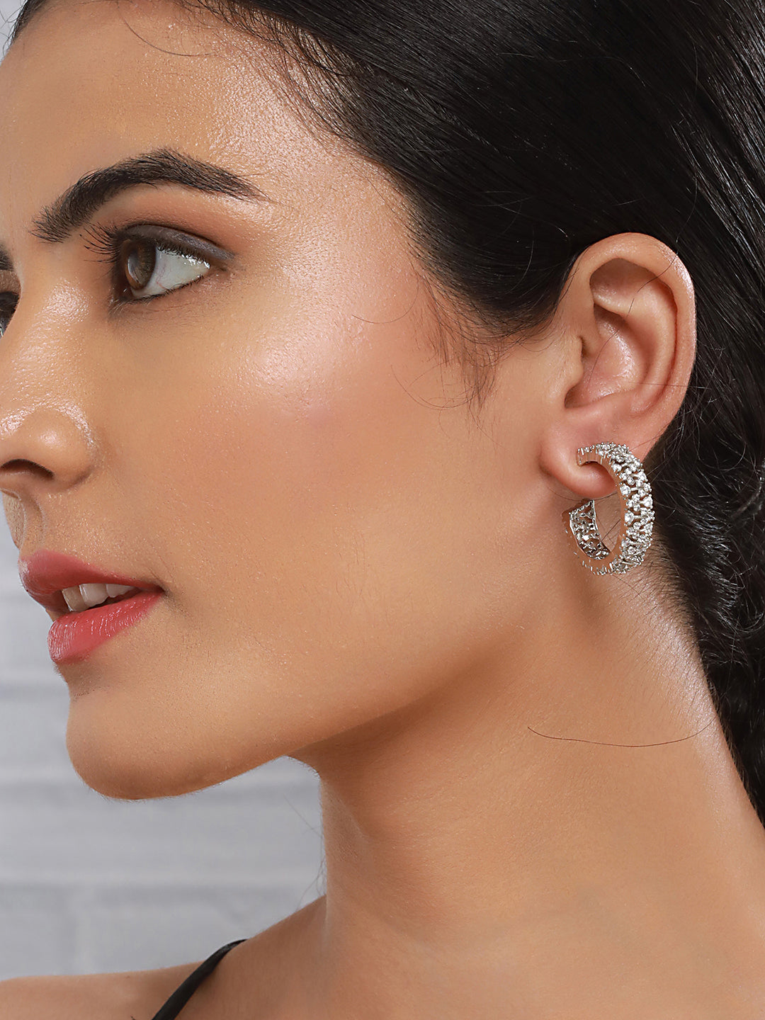Silver Plated Zircon Studded Minimal Half C Hoops Earrings